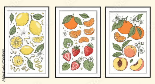 Fruit Still Life Art Prints - Lemon, Tangerine, Peach Illustrations.
