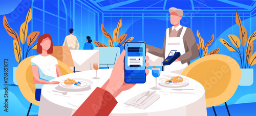 Mobile payment restaurant dining contactless transaction waiter holds card reader modern cafe interior people eating food digital technology