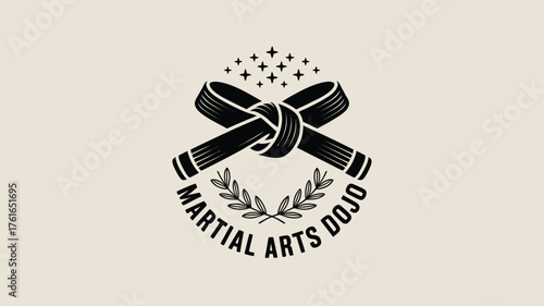 Dynamic martial arts dojo logo featuring black belt, stars, and laurel wreath for inspiring fitness and self-defense branding projects now