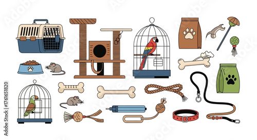 Collection of Pet Supplies and Accessories for Various Animals.
