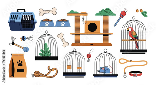 Collection of Pet Supplies and Accessories for Various Animals.
