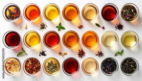 Top view of assorted herbal and adaptogen teas in glass cups showing vibrant natural colors, symbolizing wellness, balance, and healthy living in a clean minimalist presentation