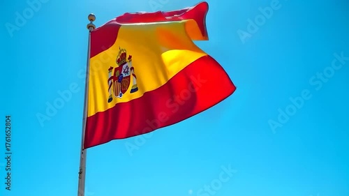 Spain flag is waving against a blue sky background