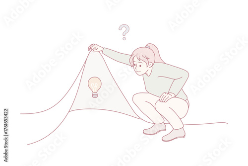 Young woman look behind cover look for business idea solution. Confused girl feel frustrated doubtful search for innovative information. Innovation, problem solving concept. Vector illustration.