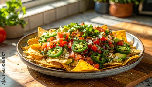 A delicious plate of nachos topped with fresh tomatoes, jalapeños, avocado, cheese, and cilantro, served in a bright kitchen setting.