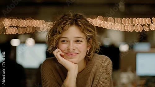Smiling woman in cozy cafe ambiance with soft bokeh lighting