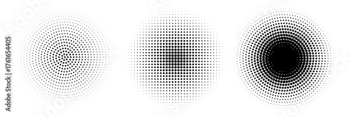 Set of halftone dots gradient pattern texture isolated on white background. Straight dotted spots using halftone circle dot raster texture. Vector blot half tone collection.