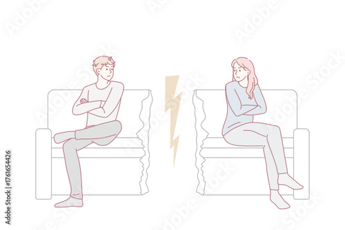 Unhappy stubborn couple sit separate on cut couch have family fight or quarrel. Angry mad man and woman lovers avoid ignore talking. Cheating and breakup, divorce concept. Vector illustration.
