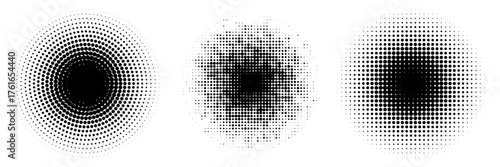 Set of halftone dots gradient pattern texture isolated on white background. Straight dotted spots using halftone circle dot raster texture. Vector blot half tone collection.