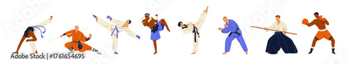 Set of different martial arts. Various fighters are boxing, doing karate, kung fu, Muay Thai, taekwondo, and aikido. Athletes do sports fights. Flat isolated vector illustrations on white background