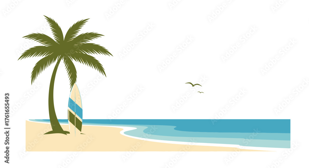 Fototapeta premium Tropical beach scene with palm tree and surfboard illustration
