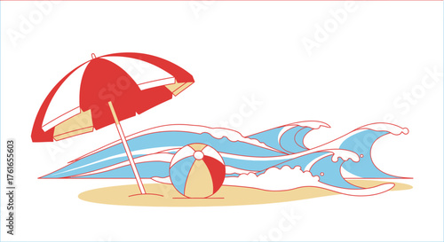 Stylized beach day with umbrella waves and beachball vacation concept