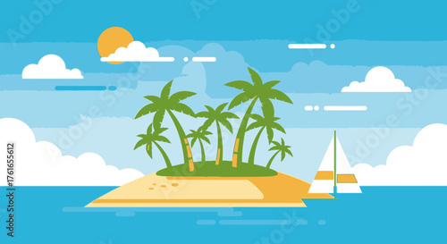 Tropical paradise island vacation with palms and sailing boat vector illustration