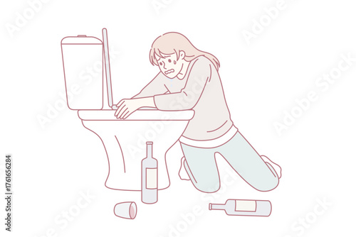 Having hangover after party concept. Young woman cartoon character sitting on knees embracing toilet with bottles of wine standing on floor feeling sick vector illustration