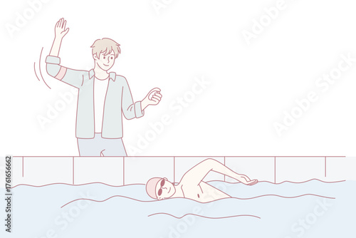 Trainer or coach check time of professional swimmer exercise in indoor basin. Supervisor teach man to swim, training in pool. Healthy lifestyle, sport and physical activity. Vector illustration.