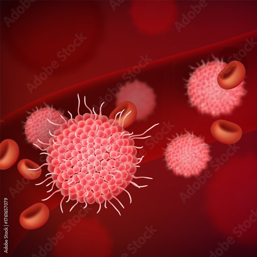 Bright red bloodstream composition with virus and blood cells realistic style