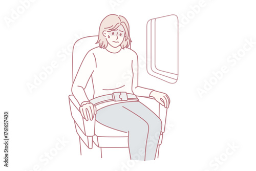 Aerophobia and being afraid of flights concept. Young stressed woman cartoon character sitting in plane near window feeling shock vector illustration