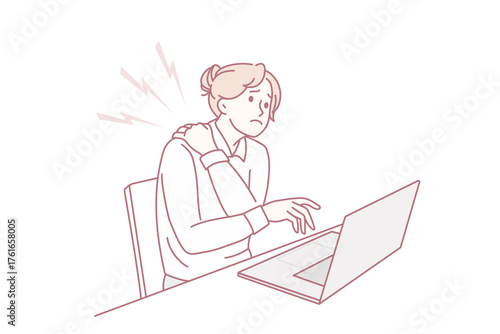 Unwell businesswoman sit at desk work on laptop suffer from neck pain overwhelmed with sedentary lifestyle. Unhealthy woman struggle with backache. Overwork. Flat vector illustration.