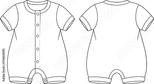 Baby romper technical sketch, front and back view, short sleeve, button placket, fashion flat, apparel design, vector illustration, minimalist style