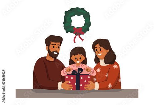 Happy Family open Gift in Christmas