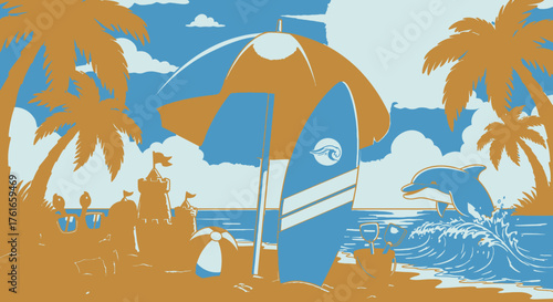 Coastal Paradise Beach Scene with Surfboards and Tropical Elements Illustration