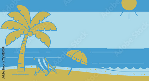 Minimal Beach Scene with Palm Tree and Relaxing Elements Vacation concept