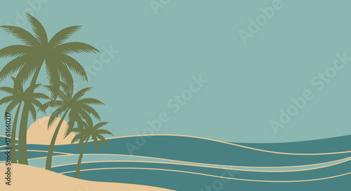 Tropical Palms Ocean Waves Beach Retro Style Vector