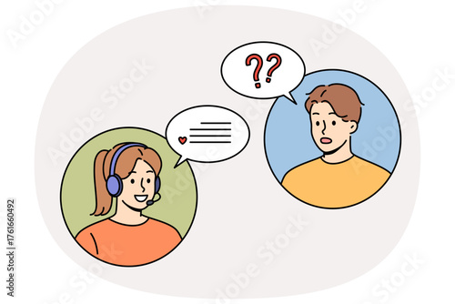 Woman call center operator advises man who contacted support service with question. Interaction between user and call center employee with headset, for concept of psychological support phones