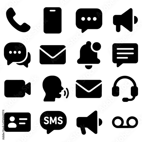 Communication Icons: A collection of concise, modern icons representing the spectrum of communication tools in a clean, unified style.