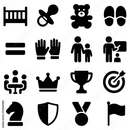 Baby Items, Education, and Achievement Silhouettes: This image is a collection of various baby items, education, and achievements in silhouette.