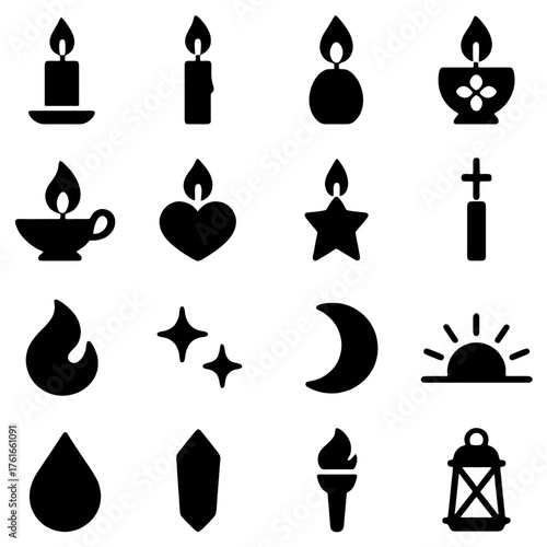 Serene Symbolism: A collection of various candle icons, each representing different symbolic meanings, from romance and spirituality to celebration and remembrance.