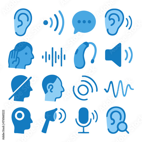 Auditory and Sonic Elements Illustration: An illustrative display showcases the intricate elements of sound and hearing, ranging from the gentle waves to technological assistive tools.