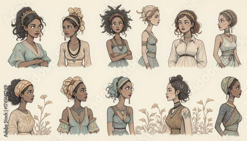 Hand-drawn illustration set depicting the diverse lifestyles of African  women, Ai Generate 