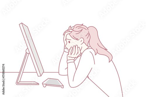 Anxious woman work online on computer stressed about deadline. Worried girl busy on PC study prepare for exam on web. Female have problems on gadget. Spam, virus concept. Vector illustration.
