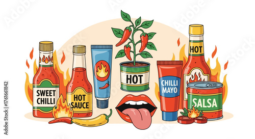 Vibrant Hot Sauce Assortment Illustration with Fiery Accents and Spicy Theme