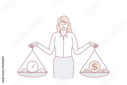 Businesswoman hold scales in hands, find perfect balance between money and time. Happy successful woman employee have harmony at work and life. Vector illustration, cartoon character.