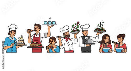 Delicious Dishes A Diverse Group of People Savoring and Serving a Variety of Mouthwatering Meals