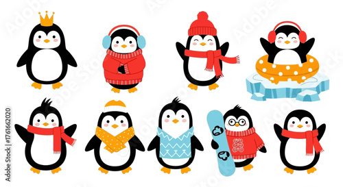 Playful Penguin Cartoon Character Collection for Winter and Holiday Fun