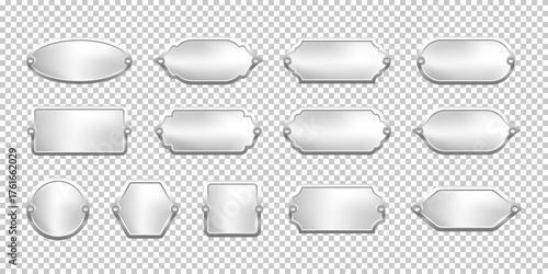 Blank silver metal nameplate plaques in various vintage shapes with decorative edges and screw holes. Metallic label for engraving, signage, awards, door signs. Realistic vector illustration.