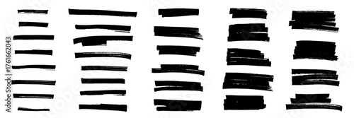 Black highlight marker lines isolated on white background. Various marker pen strokes with different length and thickness hand drawn set. Realistic vector graphic modern design elements.