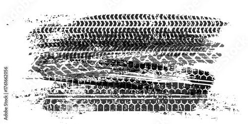 Tire tracks with grunge texture and dirty skid marks. Offroad vehicle print overlapping in chaotic pattern. Black automotive imprint on white background. Realistic vector illustration.