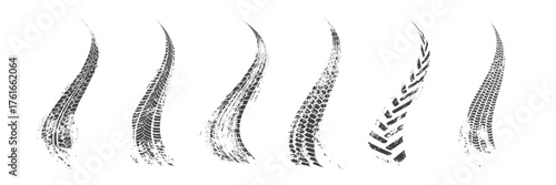 Tire track. Car, bike, motorcycle tyre mark with grunge effect isolated on white background. Wheel footprint on road. Top view of rubber protector mark. Realistic vector illustration.