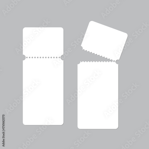 Blank white tear off tickets. Collection of narrow admission passes with perforated edges and detachable stubs. Minimal template for events, raffles, concerts. Realistic vector illustration.