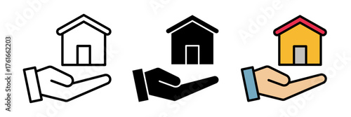 Home loan icon set in flat vector illustration, designed in outline, filled, and color style. Ideal for finance, mortgage, banking, investment, and real estate design concepts.