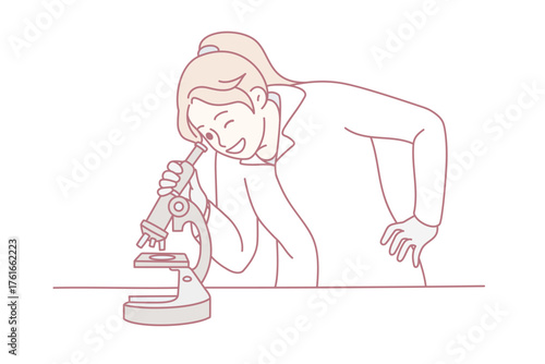 Smiling young woman scientist look in microscope in laboratory. Happy female lab worker do scientific research with medical equipment. Medicine and experiment. Flat vector illustration.