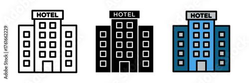 Hotel icon set in flat vector illustration, created in outline, filled, and color style. Ideal for travel, accommodation, tourism, hospitality, and booking design concepts.