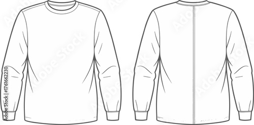 Technical flat sketch of long sleeve crew neck shirt, front and back view, fashion design, apparel template, garment illustration