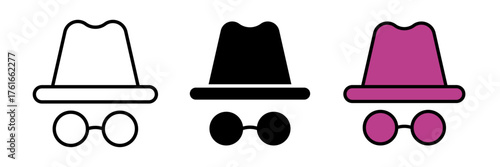 Incognito icon set in flat vector illustration, designed in outline, filled, and color style. Ideal for privacy, anonymity, security, browsing, and stealth mode design concepts.