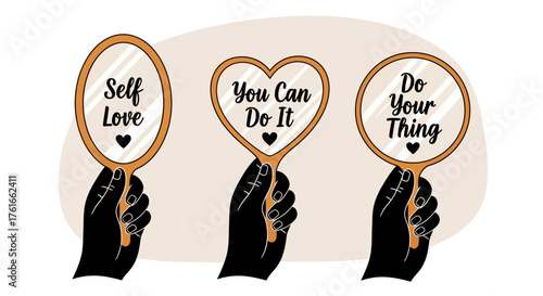 Mirrors Reflecting Self-Affirmation in Hands Illustration