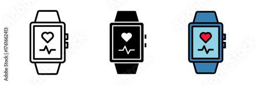 Fitness tracker icon set in flat vector illustration, designed in outline, filled, and color style. Ideal for health, exercise, wearable technology, and activity monitoring design concepts.